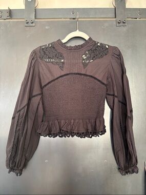 Farm Rio Boho Lace Detail Smocked Peplum Blouse - Black